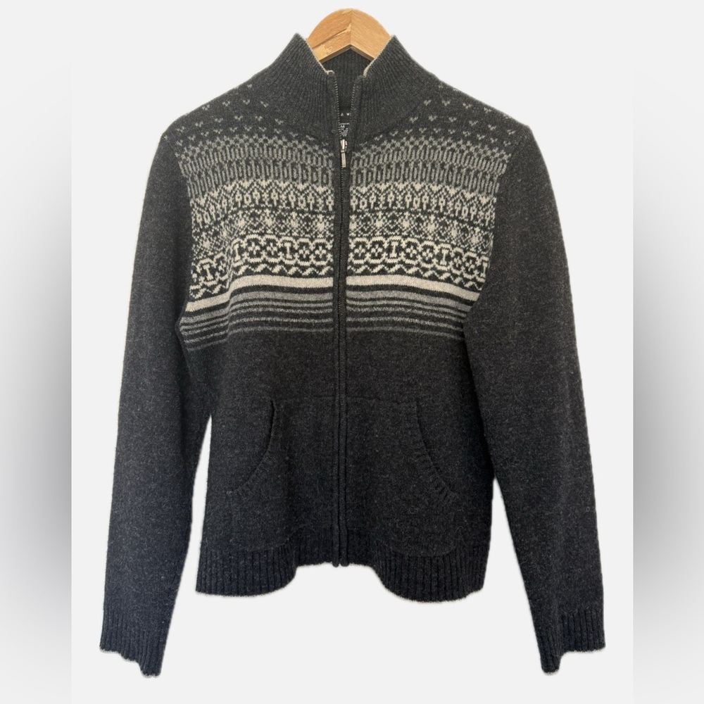 Cozy Nordic Fair Isle 100% Lambs Wool Full Zip Sweater Jacket Gray Charcoal Med